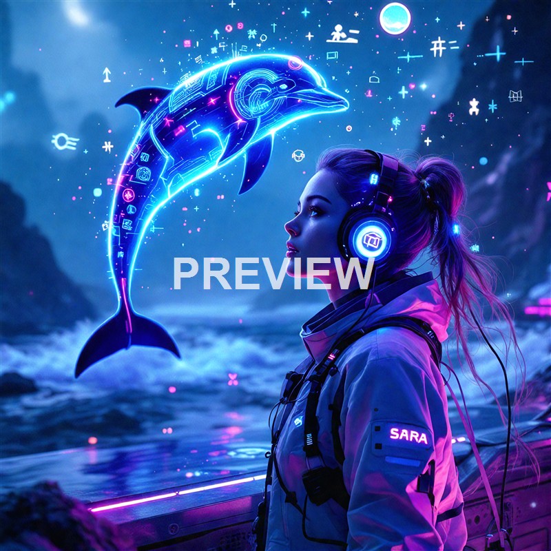 A woman wearing a headset and a jacket with the name "SARA" on it, standing in front of a futuristic digital dolphin hologram in a neon-lit environment.